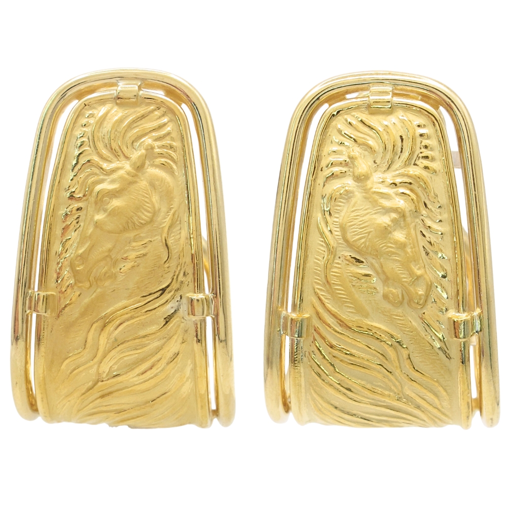 Carrera Y Carrera Equestrian Horse Motif Omega Earrings 18K Gold