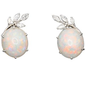 Natural White Australian Opal & Diamond Retro Earrings 14k White Gold