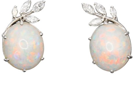 Natural White Australian Opal & Diamond Retro Earrings 14k White Gold