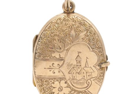 Victorian Castle Locket Pendant with Floral Accents in 9K Gold front