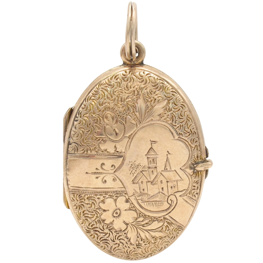Victorian Castle Locket Pendant with Floral Accents in 9K Gold