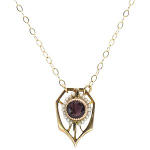 Victorian Faux Amethyst & Seed Pearl Stick Pin Turned Necklace 14K Rose Gold