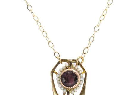 Victorian Faux Amethyst & Seed Pearl Stick Pin Turned Necklace 14K Rose Gold