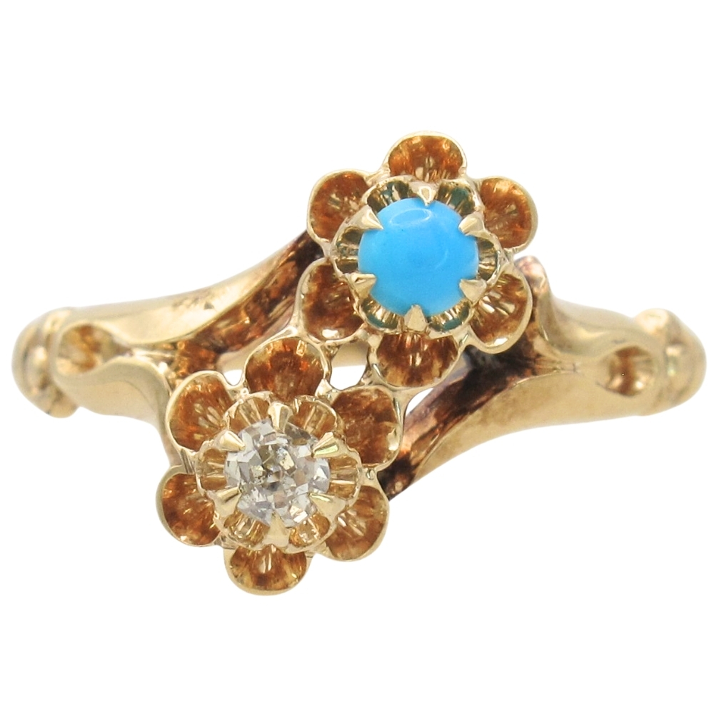 Victorian Turquoise & Old Mine Diamond Toi et Moi Ring 14K Gold