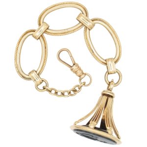 Victorian Watch Chain and Bloodstone Wax Seal Fob Charm 14K Gold main