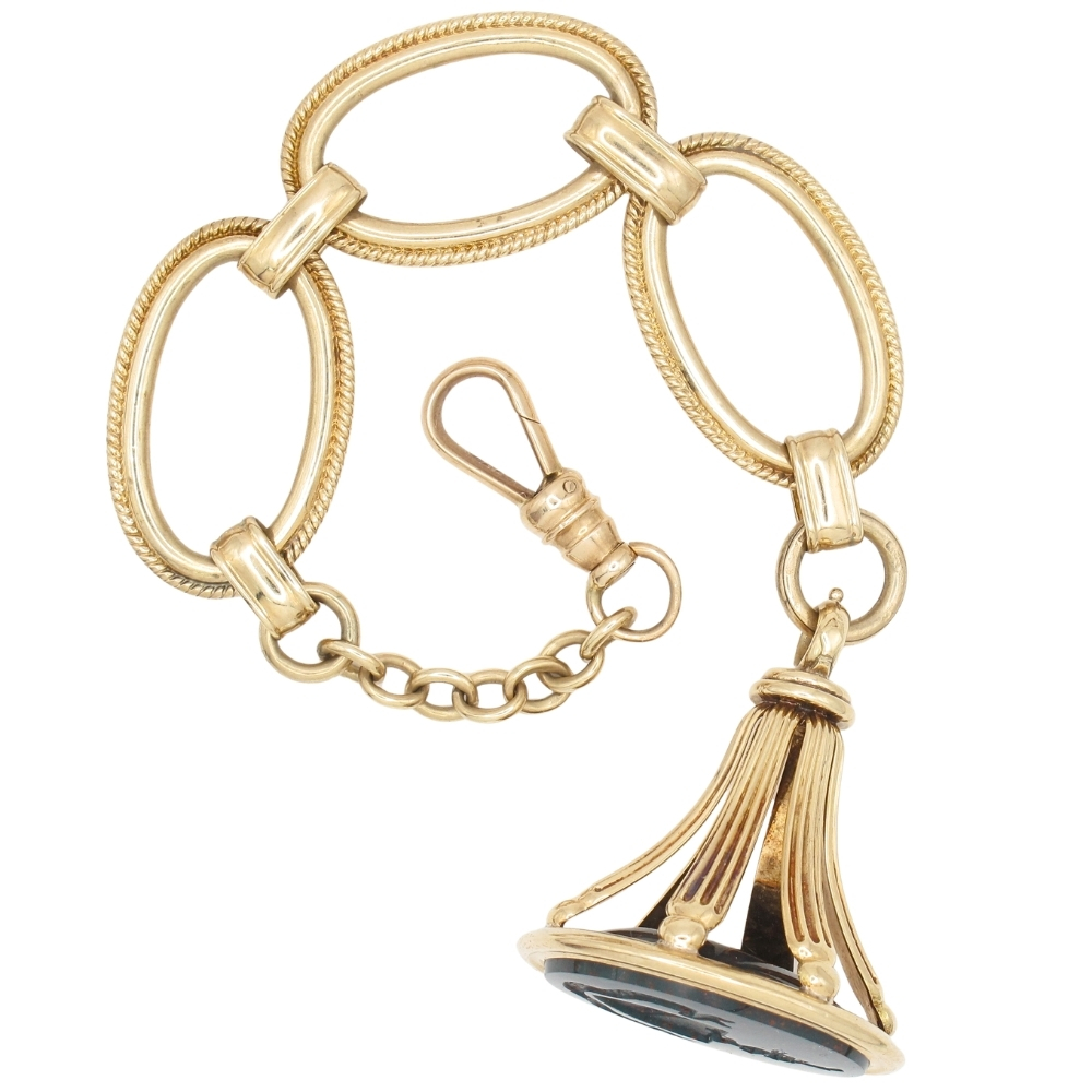 Victorian Watch Chain and Bloodstone Wax Seal Fob Charm 14K Gold