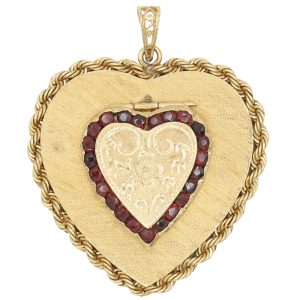 Vintage 2.07ctw Garnet Heart Locket Statement Pendant 14K Gold front