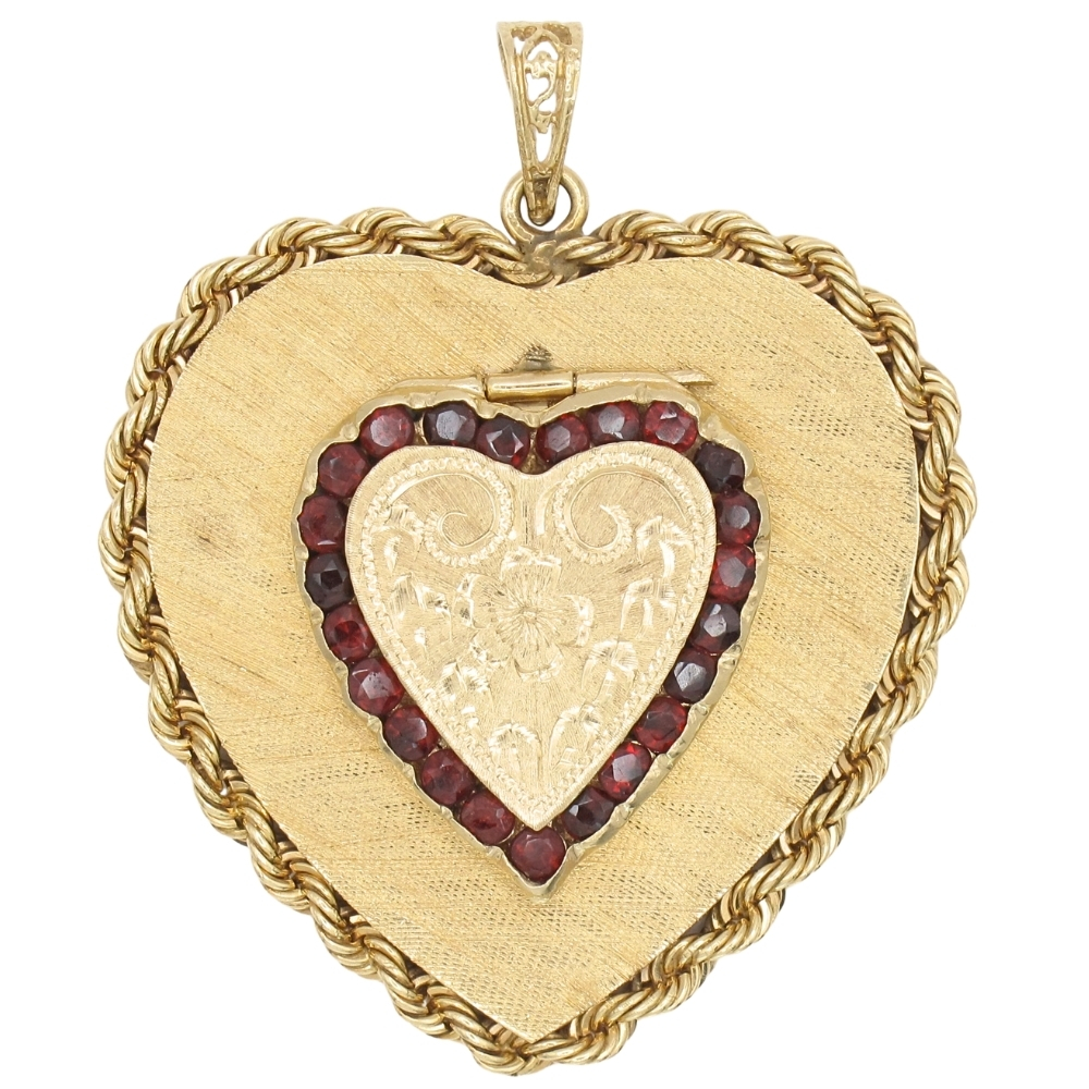 Vintage 2.07ctw Garnet Heart Locket Statement Pendant 14K Gold