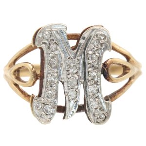 Vintage Diamond M Letter Ring 14K Two-Tone Gold front