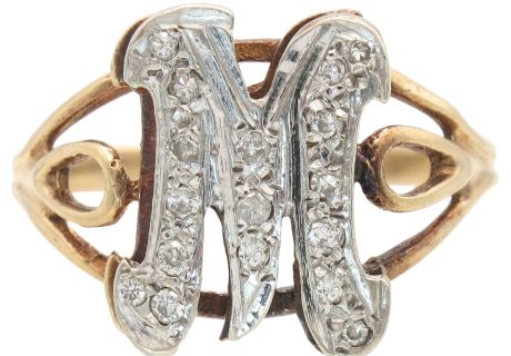 Vintage Diamond M Letter Ring 14K Two-Tone Gold front