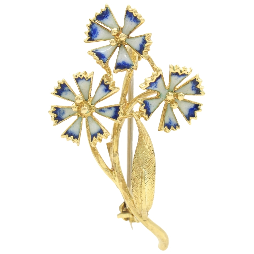 Vintage Enamel Flower Brooch Pin 18K Gold