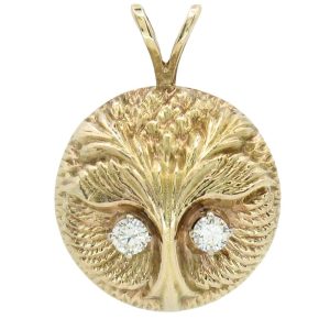 Vintage Owl Pendant with Diamond Eyes 14K Yellow Gold 0.12ctw