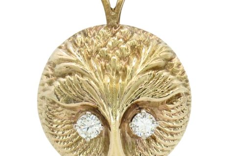 Vintage Owl Pendant with Diamond Eyes 14K Yellow Gold 0.12ctw