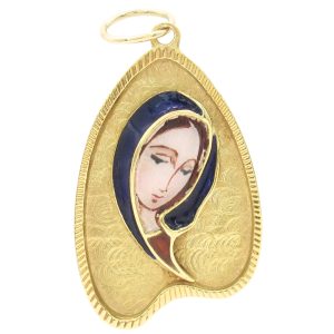 Vintage Virgin Mary Enamel Pendant 18K Gold front
