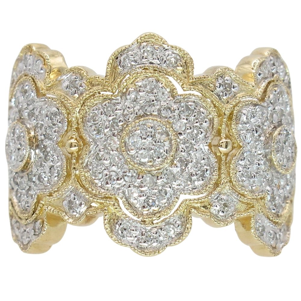 Wide Diamond Pave Floral Ring 14K
