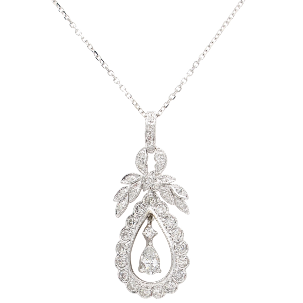0.75ctw Pear Diamond Halo Wreath Necklace 14K White Gold