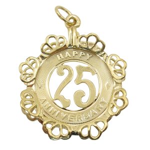 14K Gold Circular Detailed Pendant Charm Featuring Happy 25 Anniversary