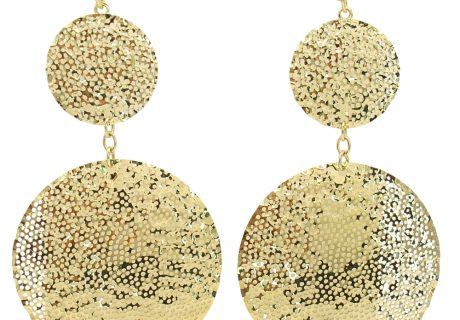 14K Yellow Gold Stippled Filigree Double Circle Drop Dangle Statement Earrings Front View