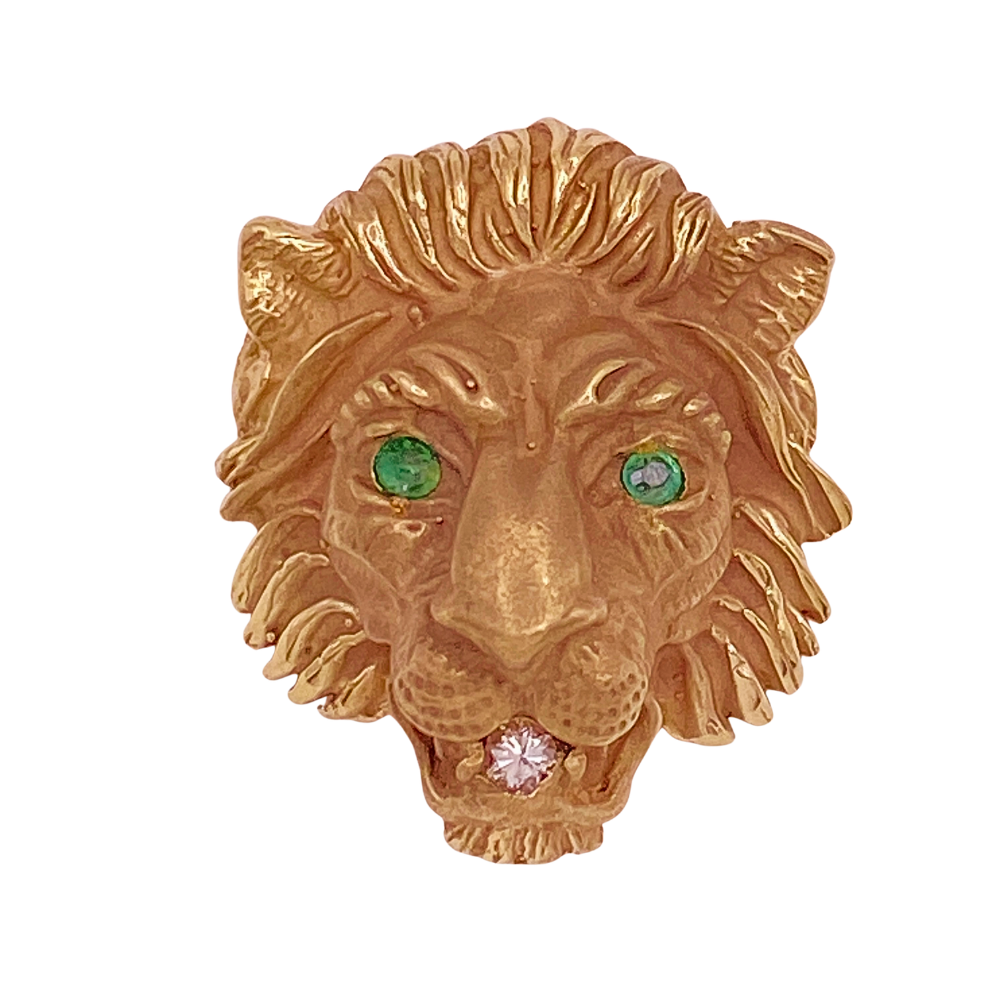 Vintage Lion Head Pendant 14K Gold Emerald and Diamond .11 Carat TGW