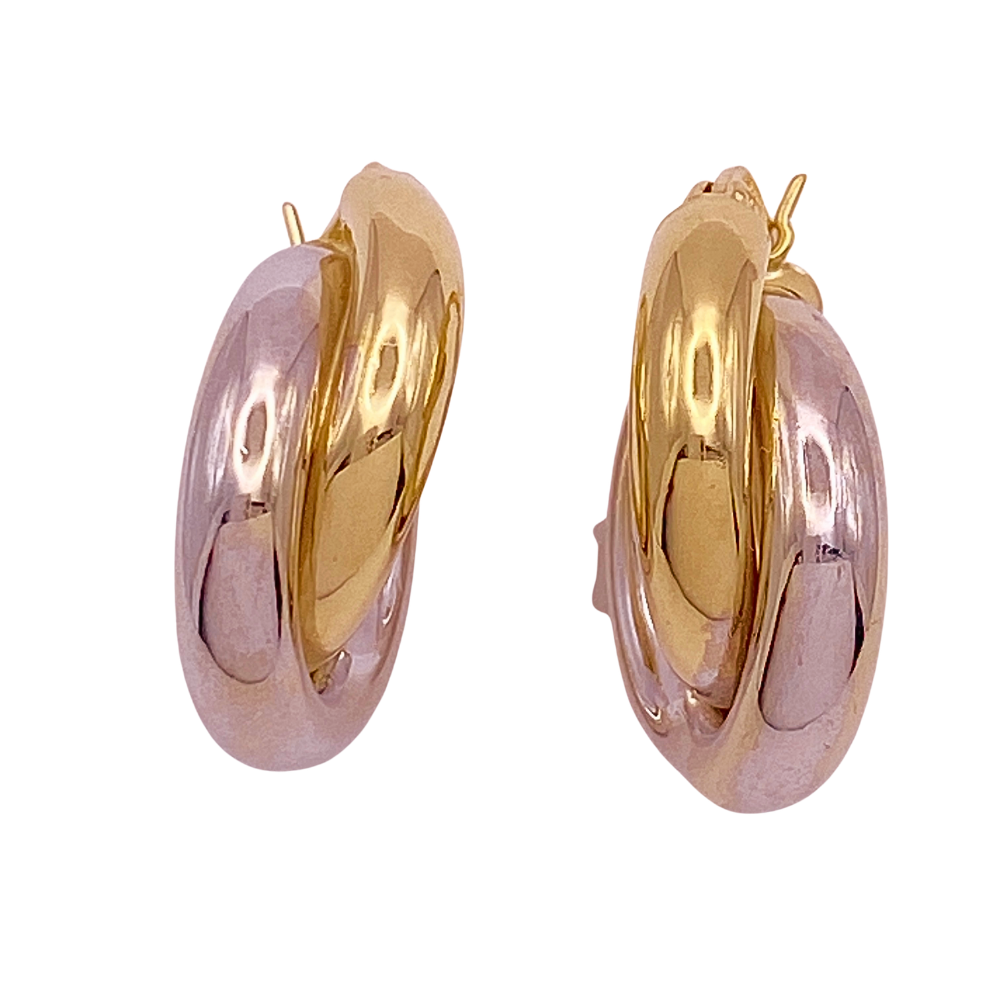 Chunky 14K Two-Tone Gold Hoop Earrings Cross-Over Design