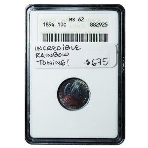 1894 Barber Dime MS62 ANACS Soapbox Incredible Rainbow Toning Cert Front