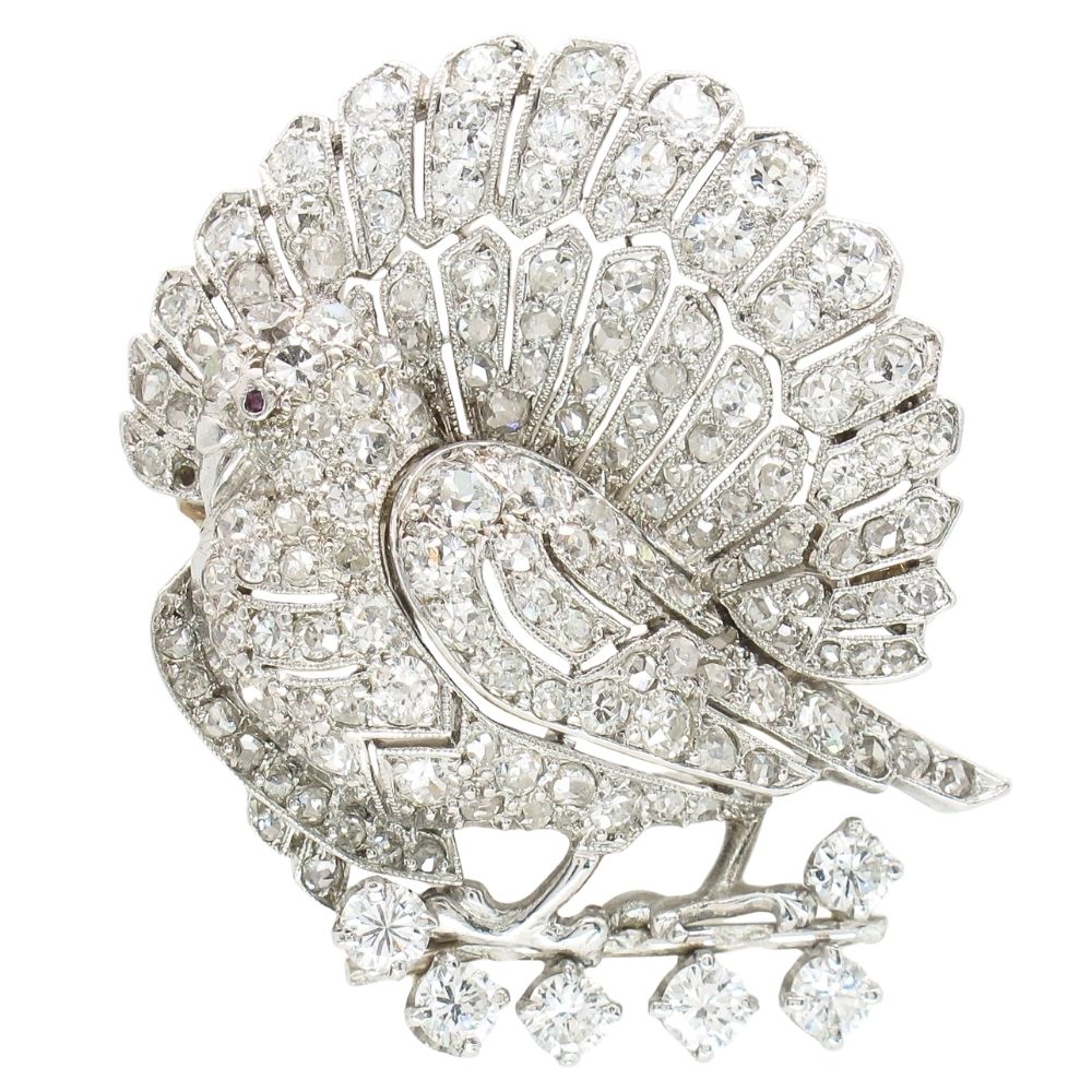 2.5ctw Diamond Pheasant Bird Art Deco Brooch