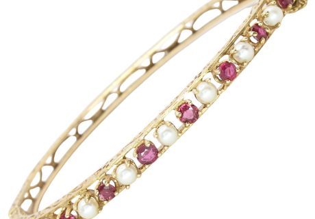 Alternating Ruby & Pearl Victorian Revival Bangle Bracelet in 14K Yellow Gold Front