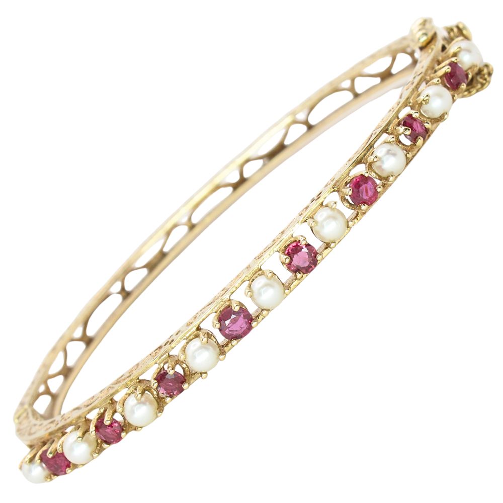 Ruby & Pearl Victorian Revival Bangle Bracelet 14K