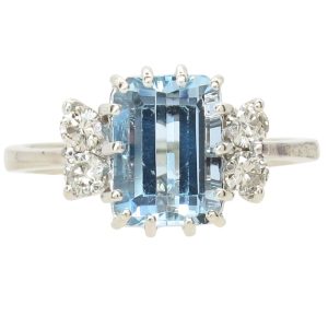 Aquamarine & Diamond Vintage Ring in 14K White Gold