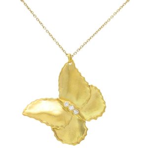 Artisanal Butterfly & Diamond Necklace in 14K Yellow Gold