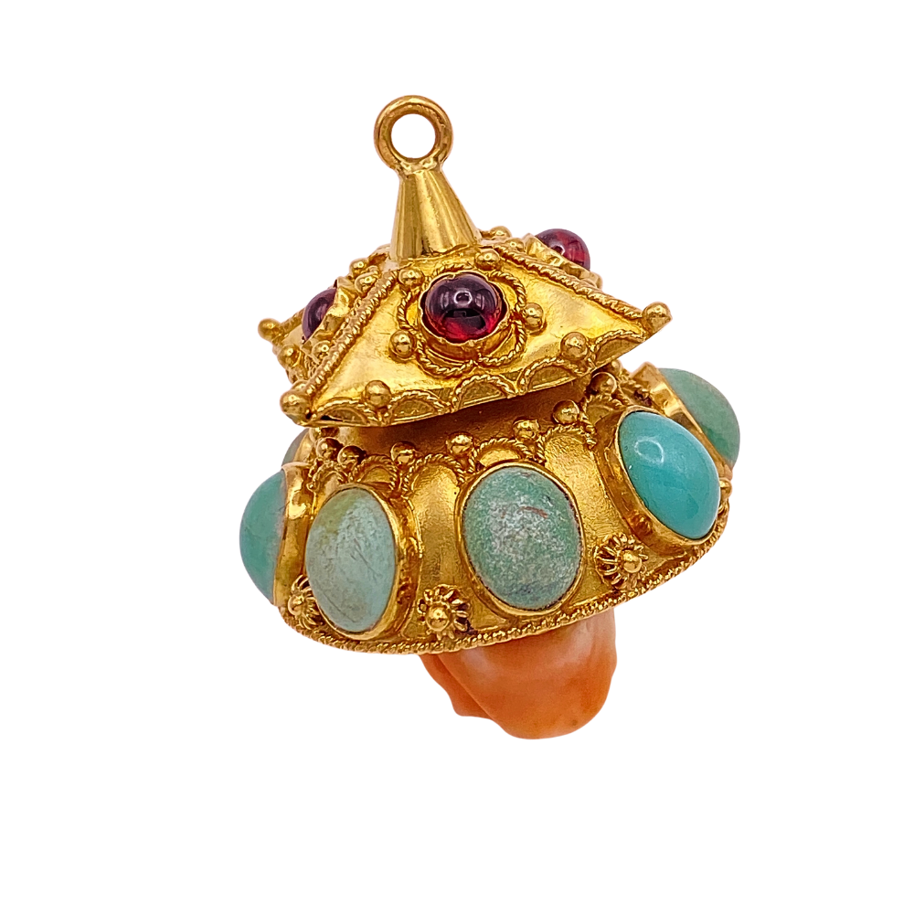 Big Jeweled Bauble Vintage Charm 18K Gold, Turquoise, Garnet and Coral