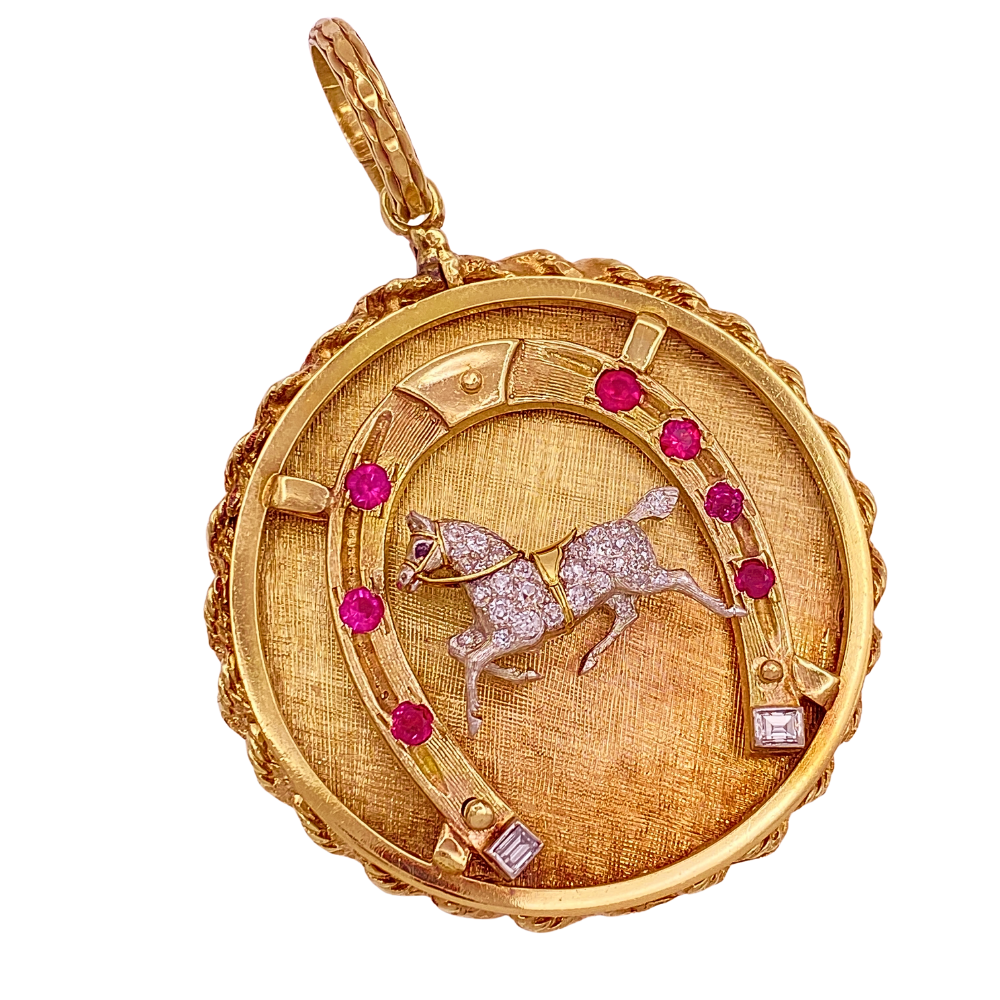BIG Vintage Equestrian Pendant Charm 14K Gold, Ruby and Diamond 1.23 Carat TGW