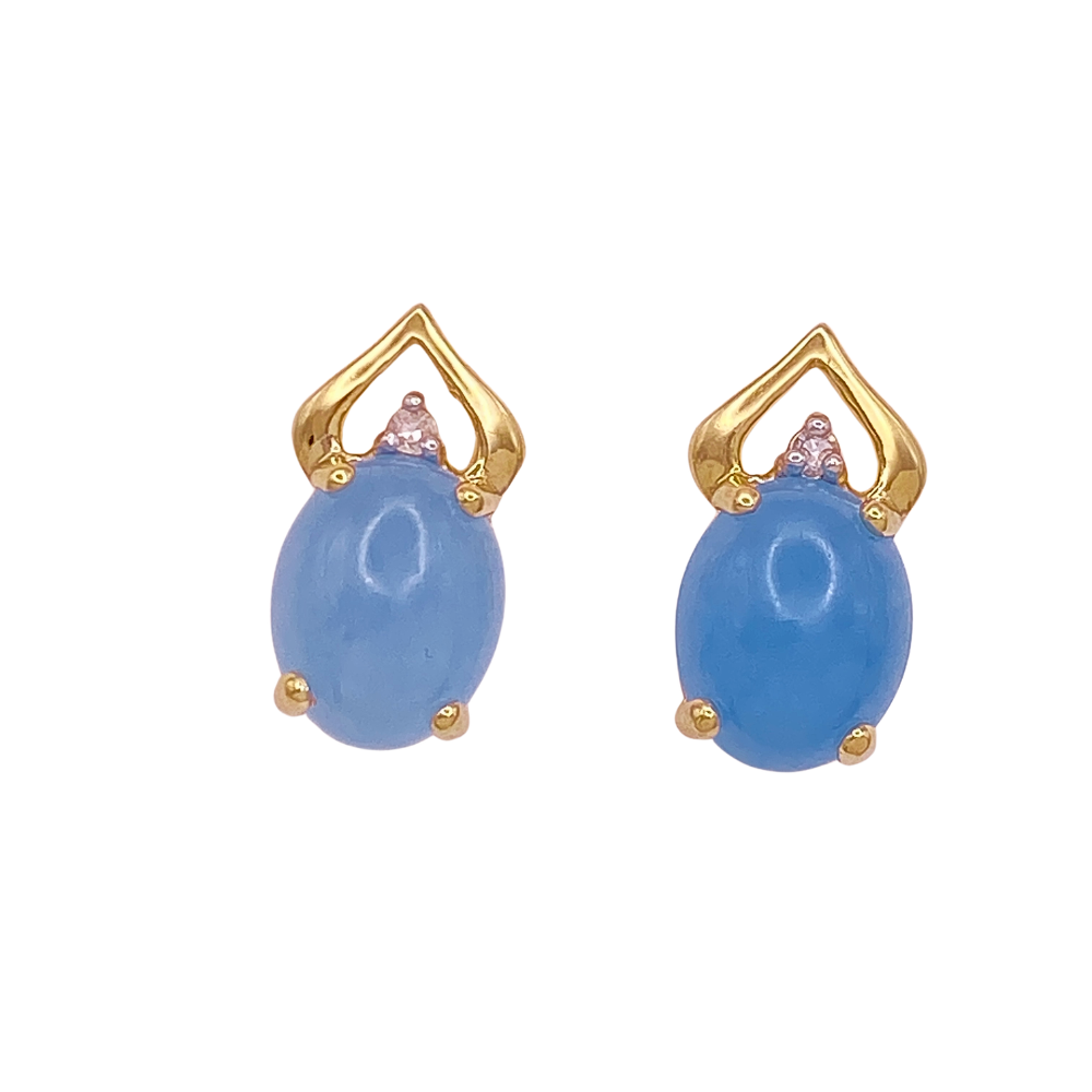 Chalcedony Cabochon and Diamond Stud Earrings 14K Gold 4.56 Carat TGW