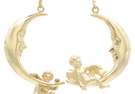 Cherub Crescent Moon Drop Earrings 14K Gold front