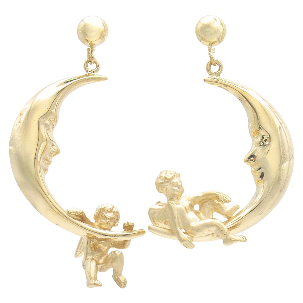 Cherub Crescent Moon Drop Earrings 14K Gold