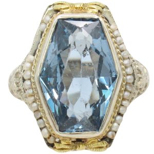 Coffin Cut Blue Spinel with Seed Pearl Frame Edwardian Ring in 14K Yellow & White Gold