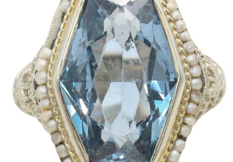 Coffin Cut Blue Spinel with Seed Pearl Frame Edwardian Ring in 14K Yellow & White Gold