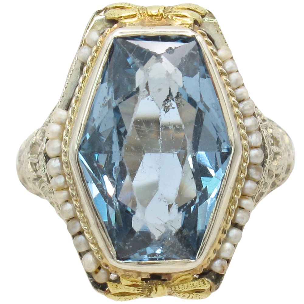 4.9ct Coffin Cut Blue Spinel & Seed Pearl Frame Edwardian Ring 14K