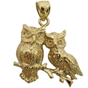coupled (Two) Owls On Branch 14K Yellow Gold Detailed