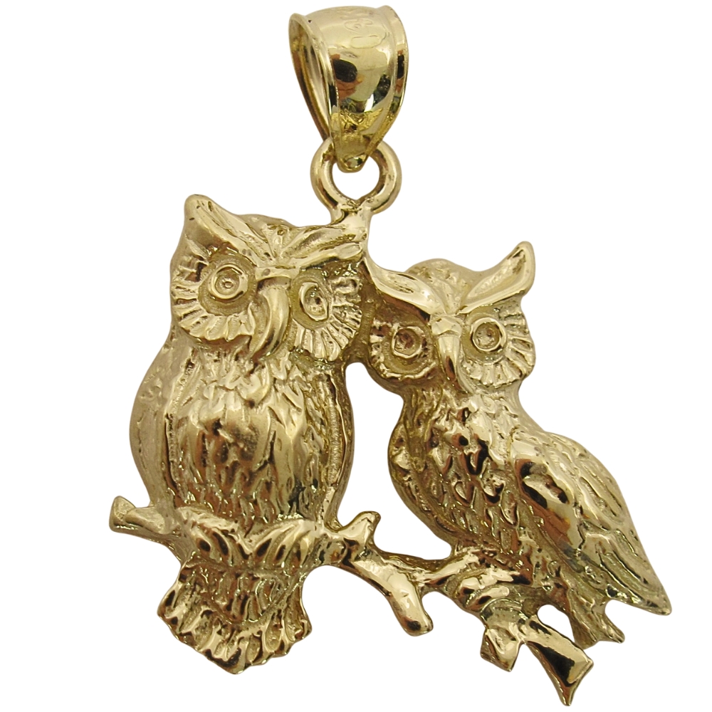 Detailed Coupled Owls 14K Gold Charm