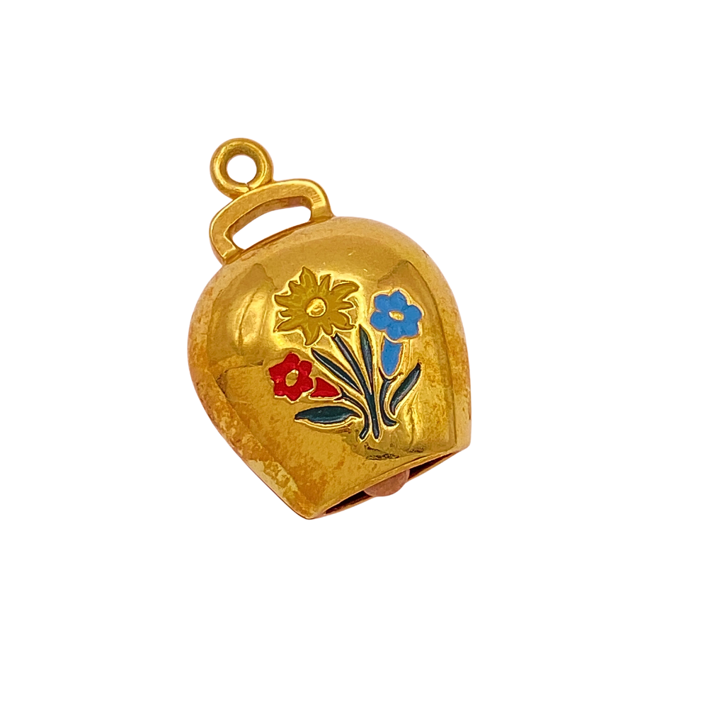 Vintage Moving Cowbell Vintage Charm 18K Gold Colorful Enamel Edelweiss Flower Accent