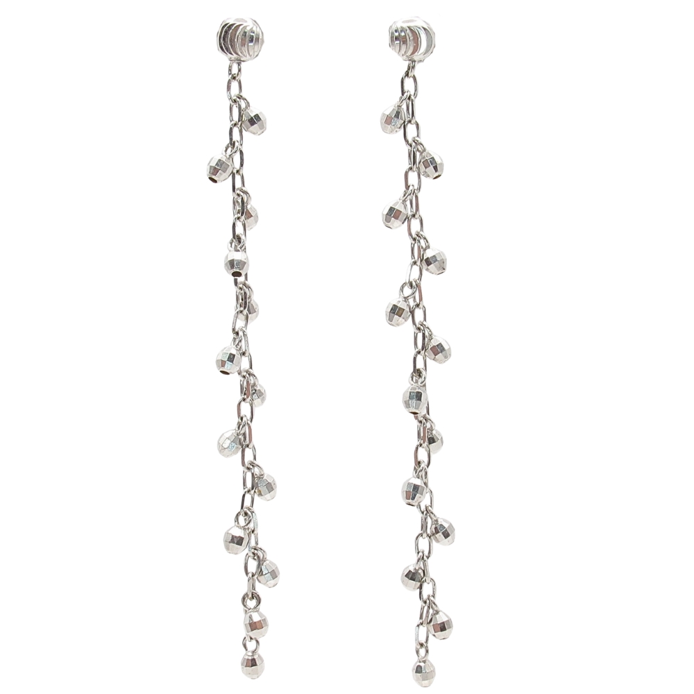 18K White Gold Diamond Cut Beads Dangle Earrings