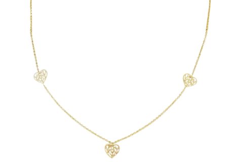 Diamond Cut Cable Chain With Three Stationary Hearts Necklace