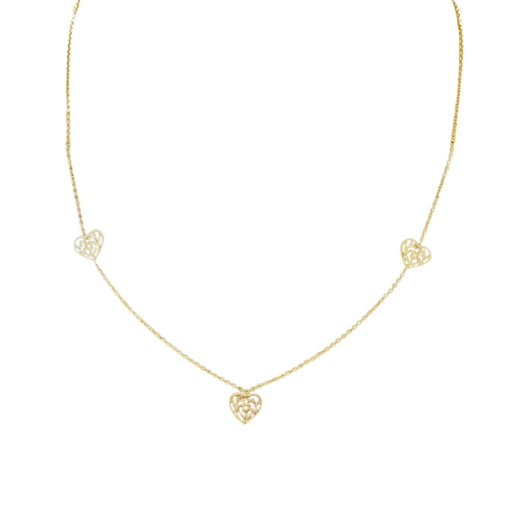 Trio Of Hearts Diamond Cut Cable Chain Necklace 14K Gold 18″