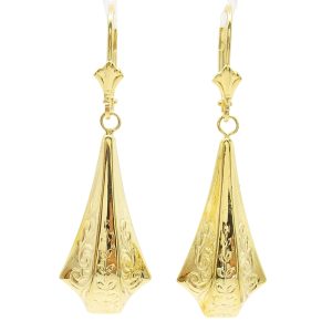 Floral Engraved Elongated Triangle Drop Hoops Front View