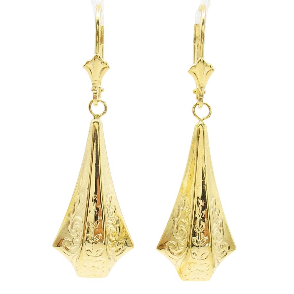 Floral Engraved Elongated Triangle Drop Hoops 14K Gold