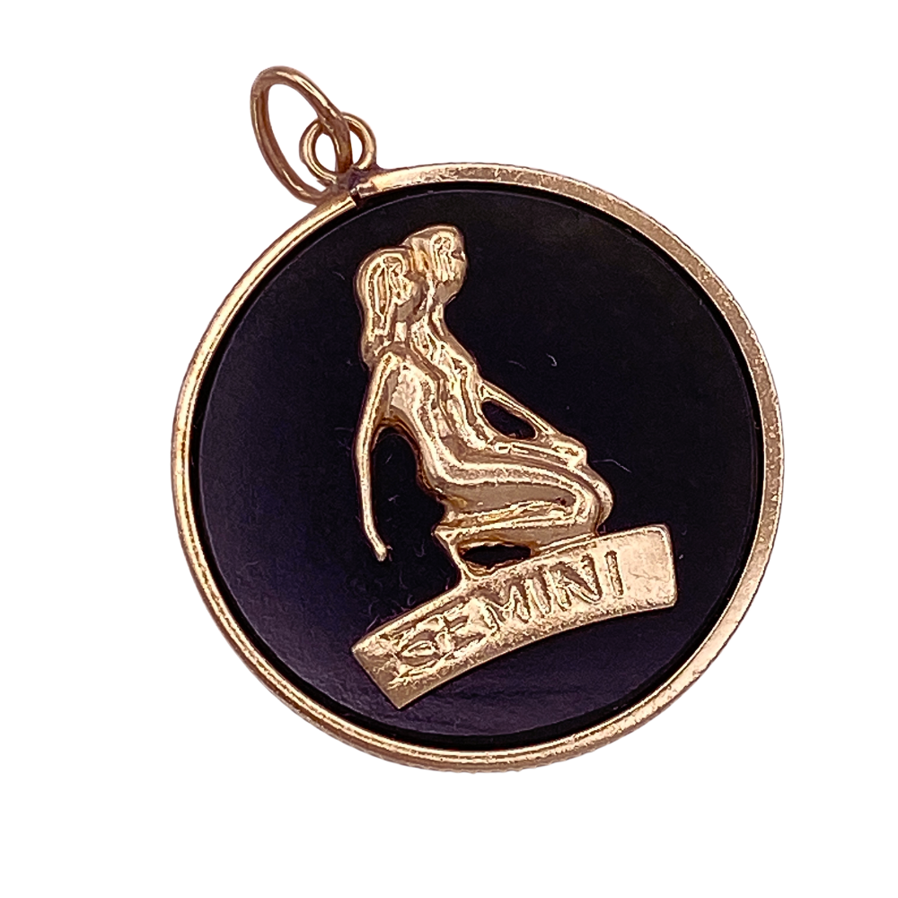 Vintage Gemini Zodiac Charm Pendant 14K Gold and Onyx