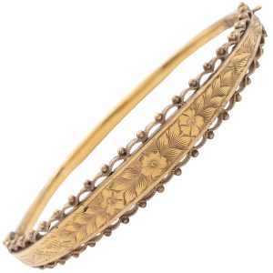 Georgian Era Floral Hinged Bangle Bracelet 9K Gold front