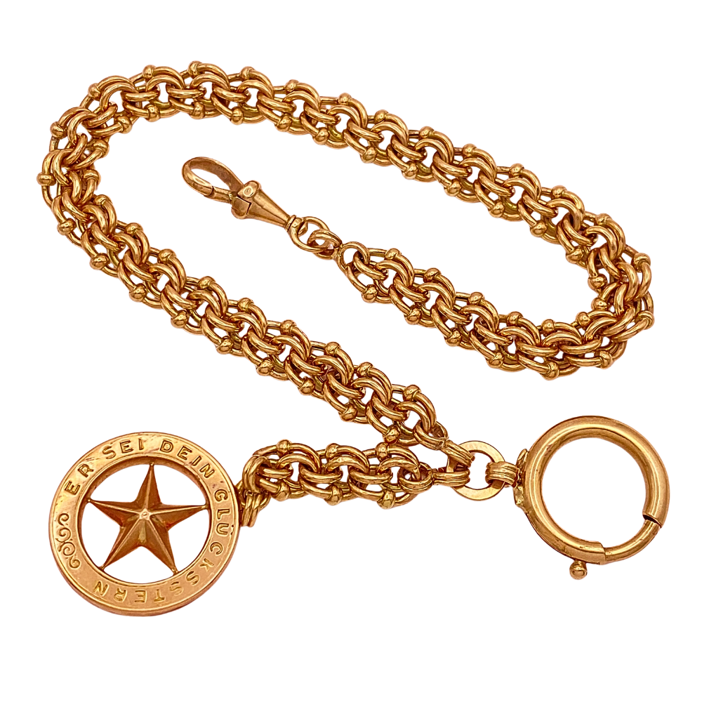 Victorian Watch Chain With Lucky Star Fob Charm 14K Gold German Astro-Hungarian