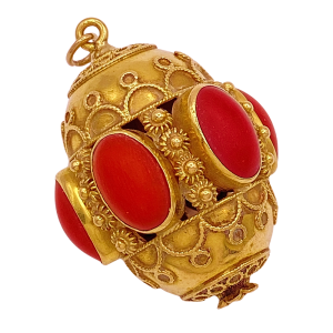 Huge 18K Gold Bauble Charm Coral Cannetile Filigree